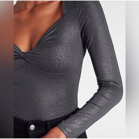 Express Bodysuit Womens Small NEW Body Contour Gray Long Sleeve Metallic Blouse - Picture 13 of 13